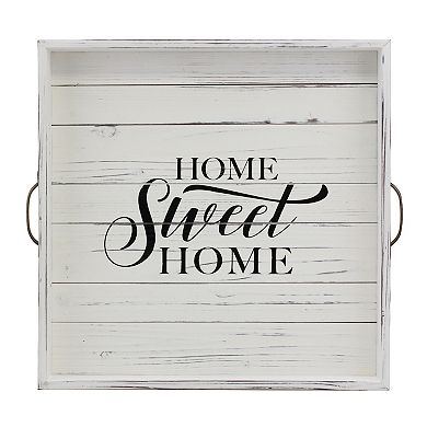 Square Worn White "Home Sweet Home" Wooden Serving Tray with Metal Handles