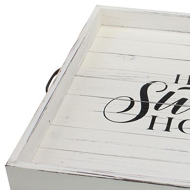 Square Worn White "Home Sweet Home" Wooden Serving Tray with Metal Handles