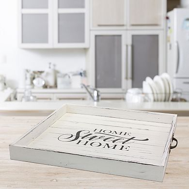 Square Worn White "Home Sweet Home" Wooden Serving Tray with Metal Handles