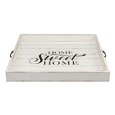 Square Worn White "Home Sweet Home" Wooden Serving Tray with Metal Handles