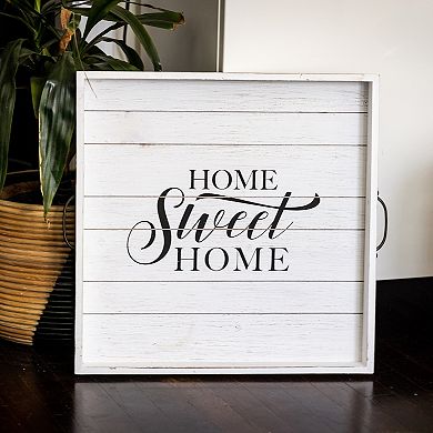 Square Worn White "Home Sweet Home" Wooden Serving Tray with Metal Handles