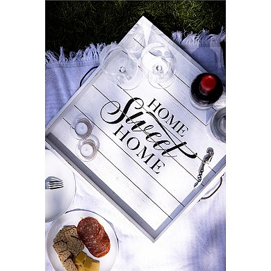 Square Worn White "Home Sweet Home" Wooden Serving Tray with Metal Handles