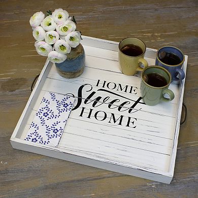 Square Worn White "Home Sweet Home" Wooden Serving Tray with Metal Handles