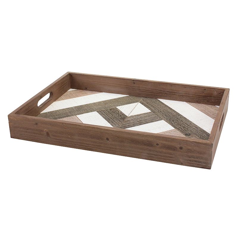 Rectangle Geometric Wooden Serving Tray with Handles, Brown