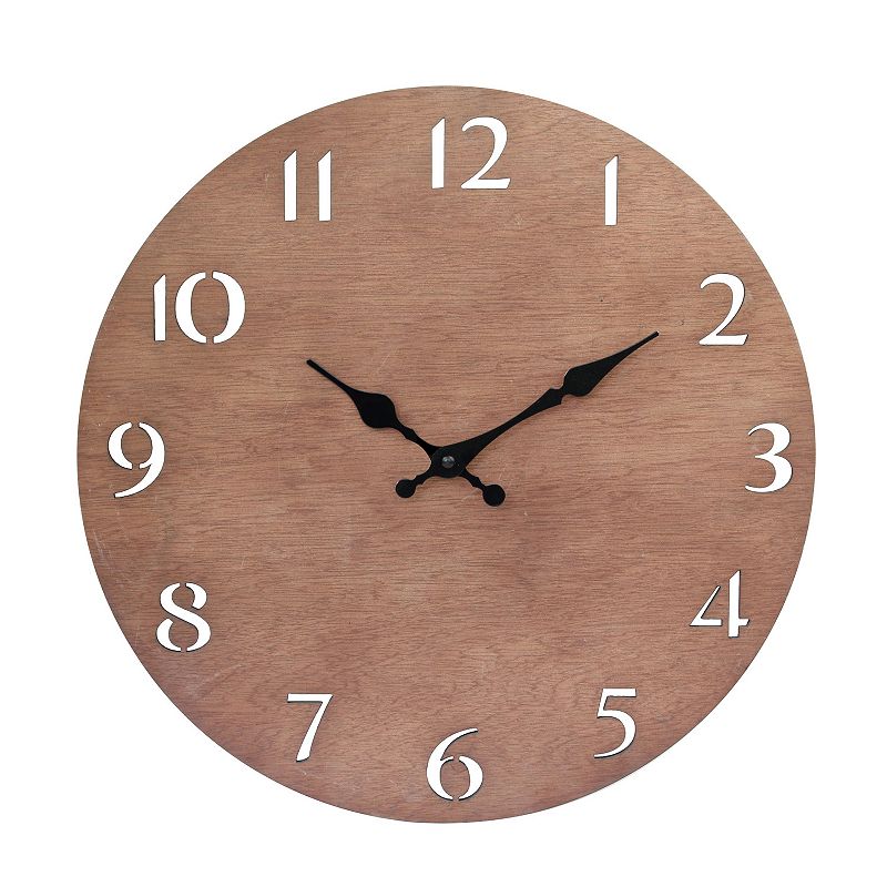 Modern Natural Wood 14 Inch Round Hanging Wall Clock with Cut Out Numbers, 
