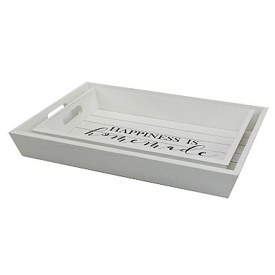 Rectangle Worn White Wooden "Happiness is Homemade" Serving Tray Set with Handles