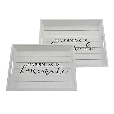 Rectangle Worn White Wooden "Happiness is Homemade" Serving Tray Set with Handles