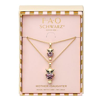 FAO Schwarz Plated Owl Pendant with Glass Stone Necklace Set