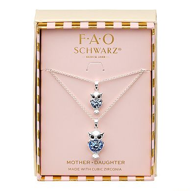 FAO Schwarz Plated Owl Pendant with Glass Stone Necklace Set