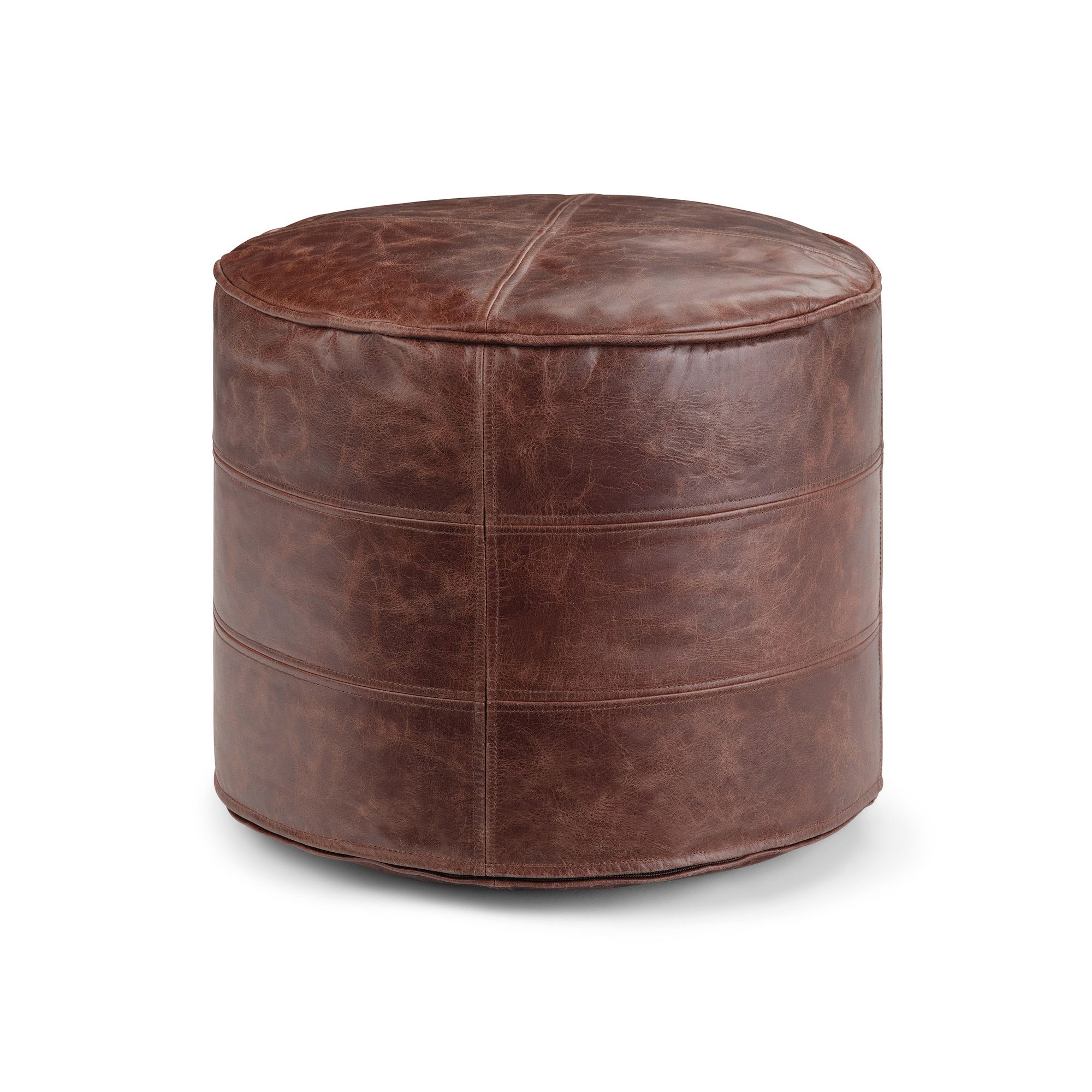 Simpli Home Connor Round Pouf Ottoman, Distressed Brown