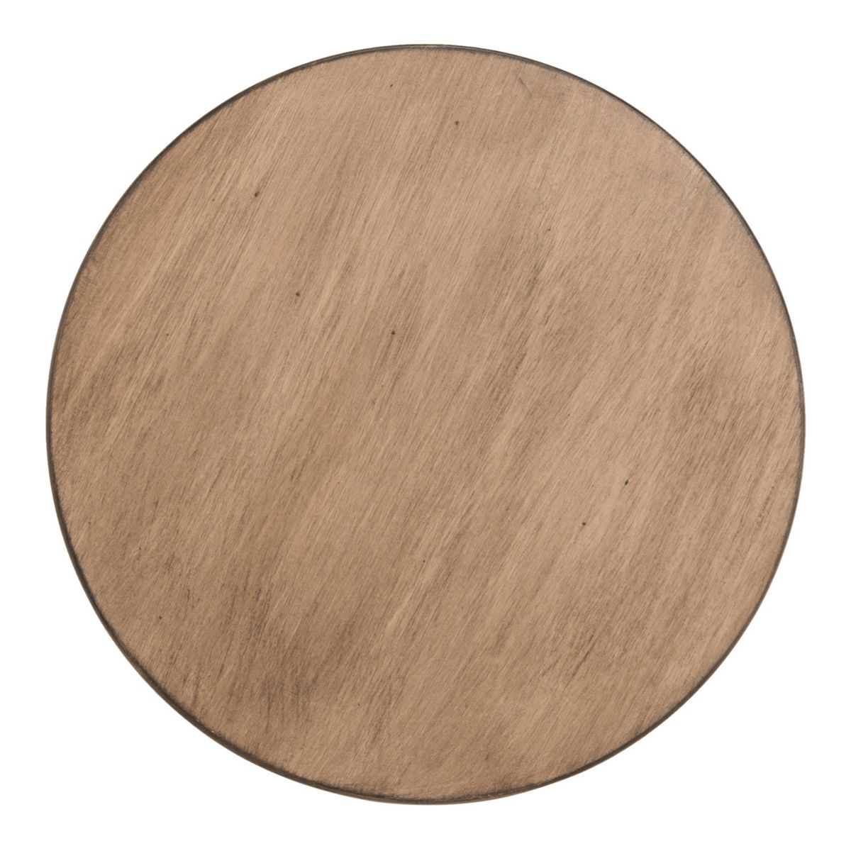 Close-up of round tabletop in light brown wood finish