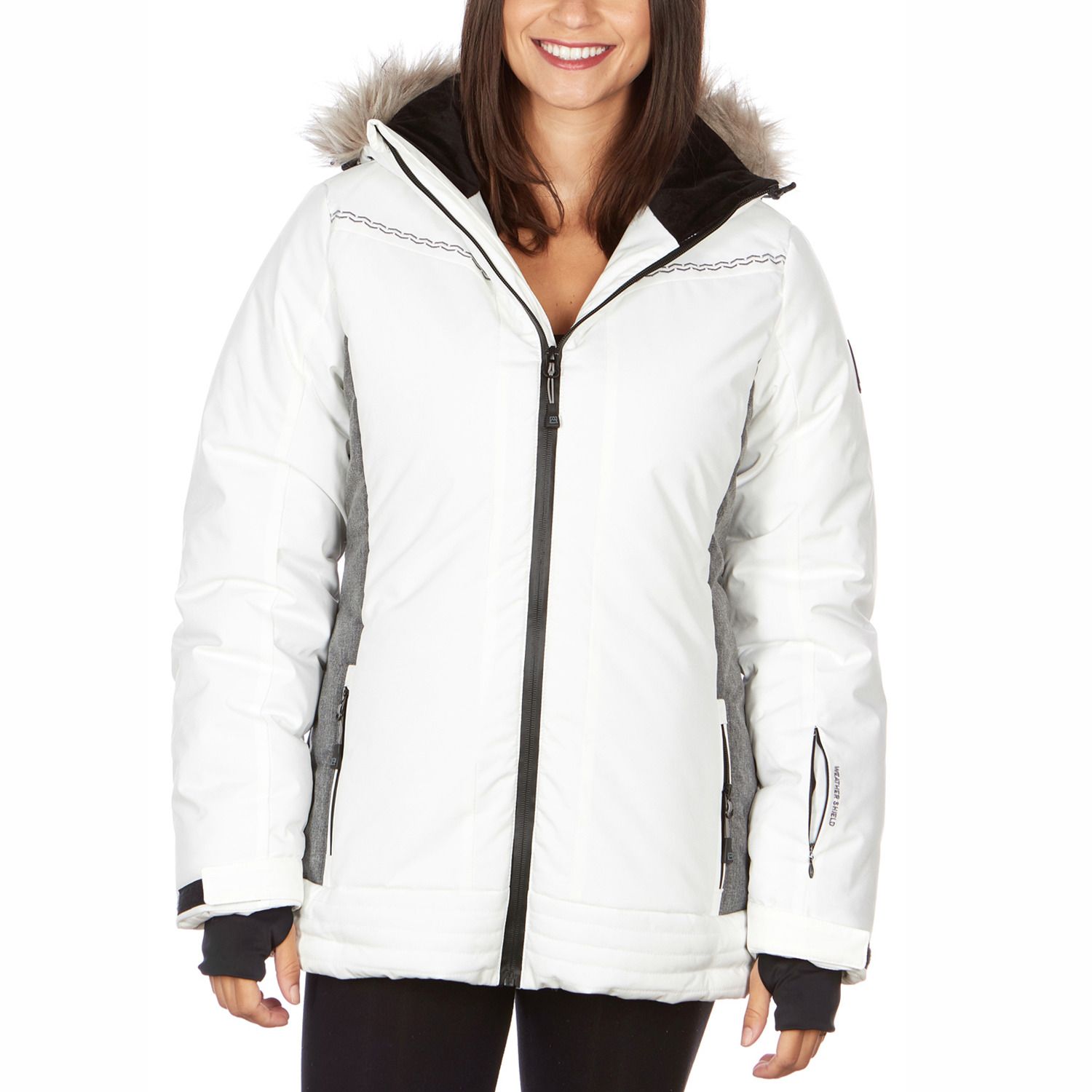 white ski jacket with fur hood
