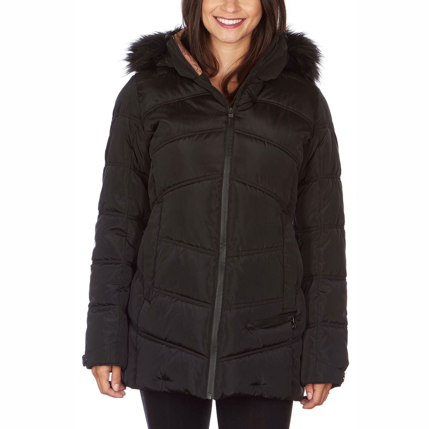 women's black quilted jacket with hood