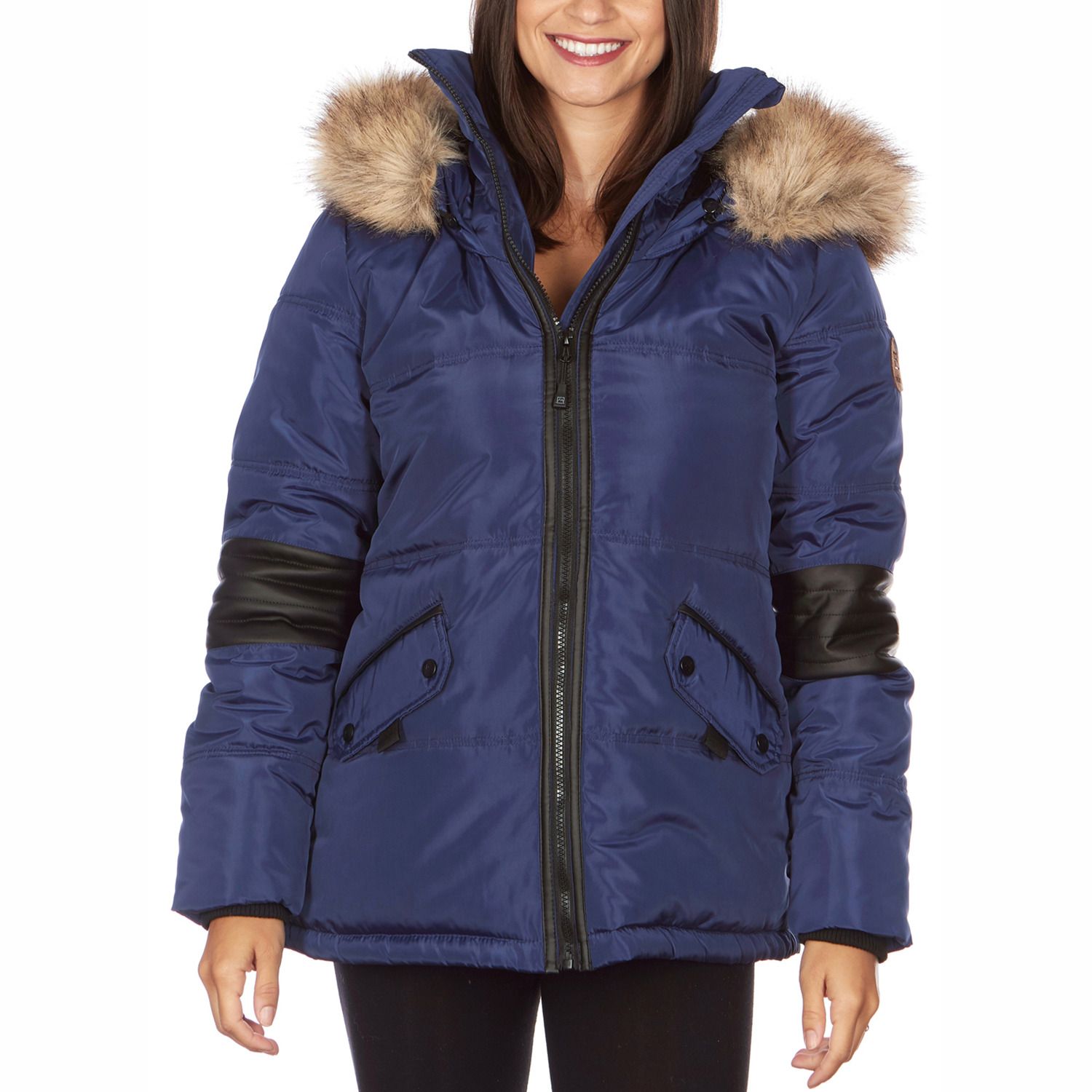 womens blue parka with fur hood