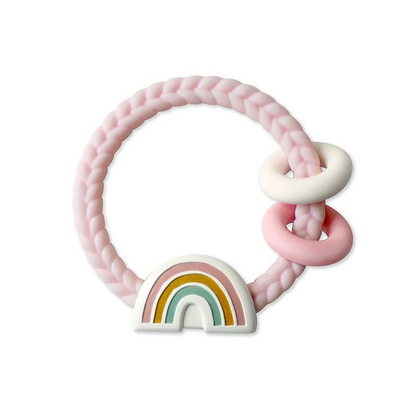 Baby Girl Itzy Ritzy Pink Silicone Teether Rattle With Rainbow Trinket
