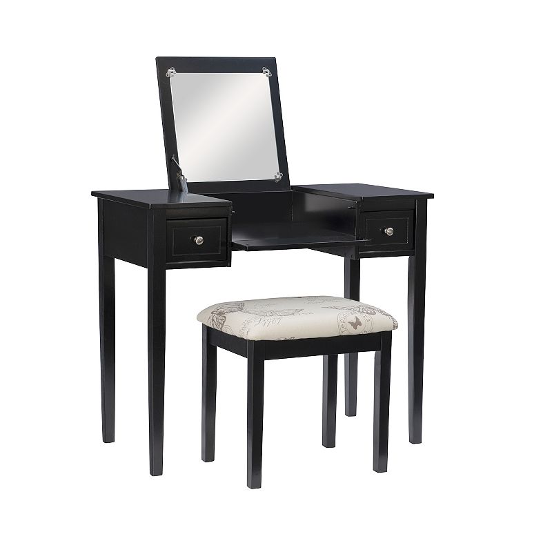 Linon Silver Butterfly Vanity and Stool, Black, Furniture