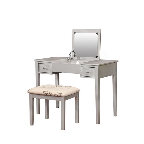 Linon Silver Butterfly Vanity and Stool - Silver