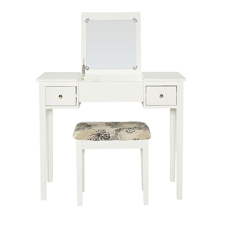 93042719 Linon Silver Butterfly Vanity and Stool, White, Fu sku 93042719
