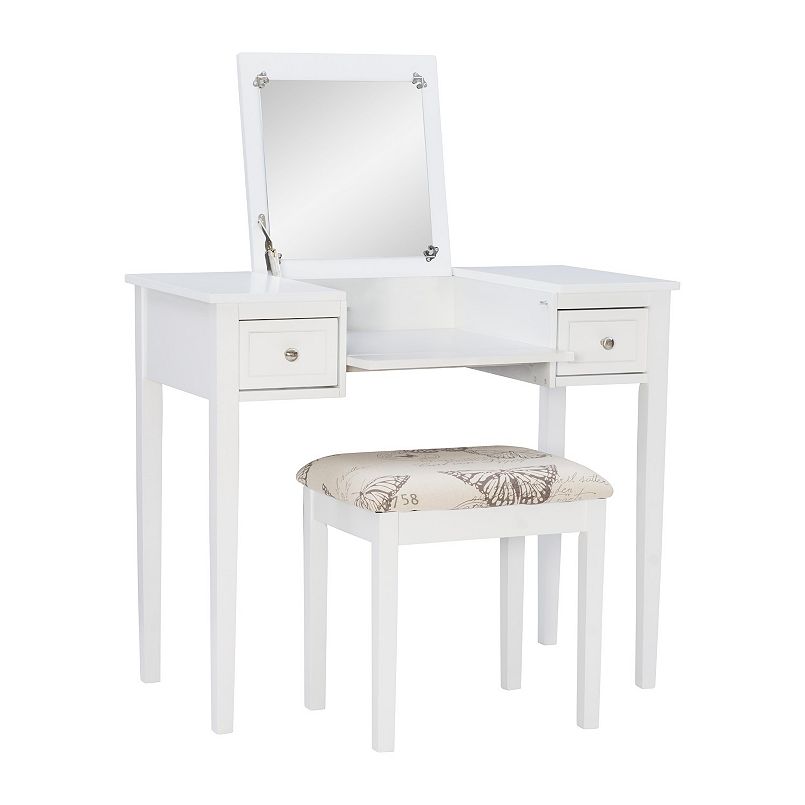 Linon silver butterfly vanity with hinged mirror and coordinating cushioned stool