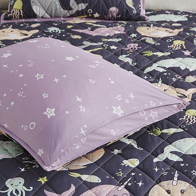 Urban Habitat Kids Narwhal Dreams Cotton Reversible Quilt Set with Shams and Decorative Pillows