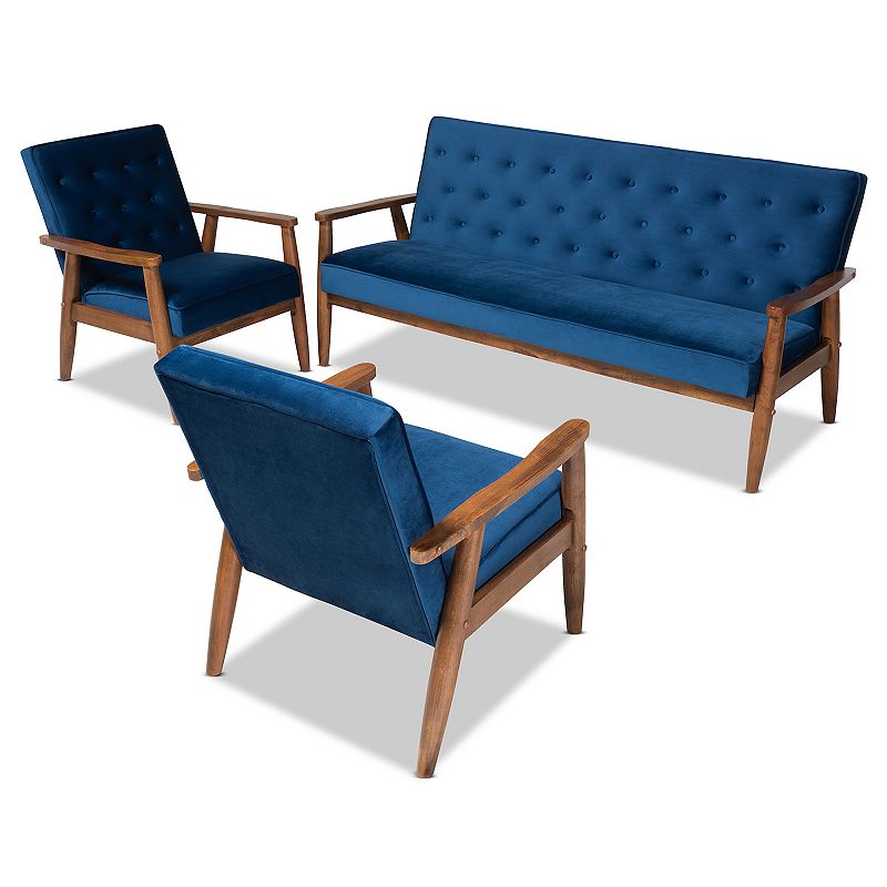 Baxton Studio Sorrento Sofa & Chair 3-Piece Set, Blue