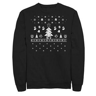 Men's Nintendo Super Mario Stars Mushrooms Ugly Christmas Graphic Fleece Pullover