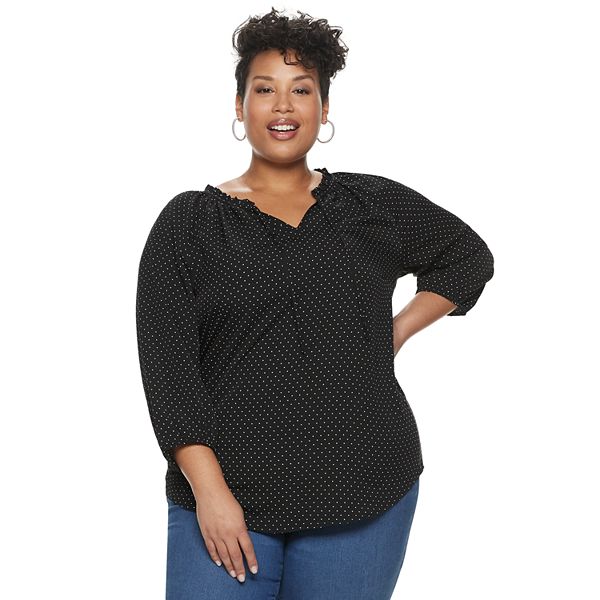 Plus Size Croft & Barrow® 3/4 Sleeve Ruffle Tie Neck Top