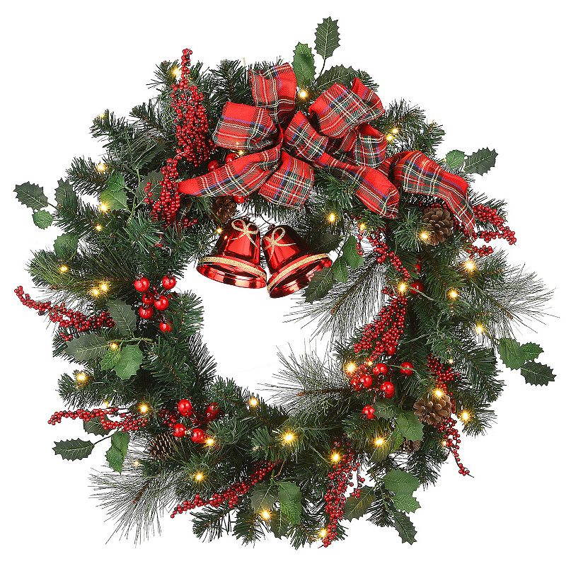 National Tree Company 30 Plaid Bow Wreath with LED Lights, Green