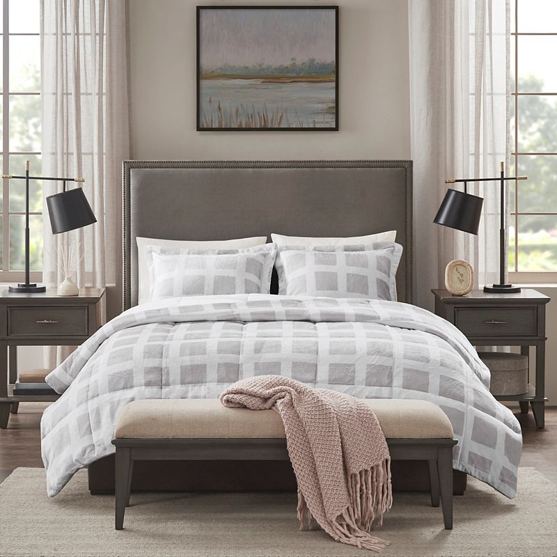 Madison Park Mae Geo Plush Comforter Set, Grey, Full/Queen
