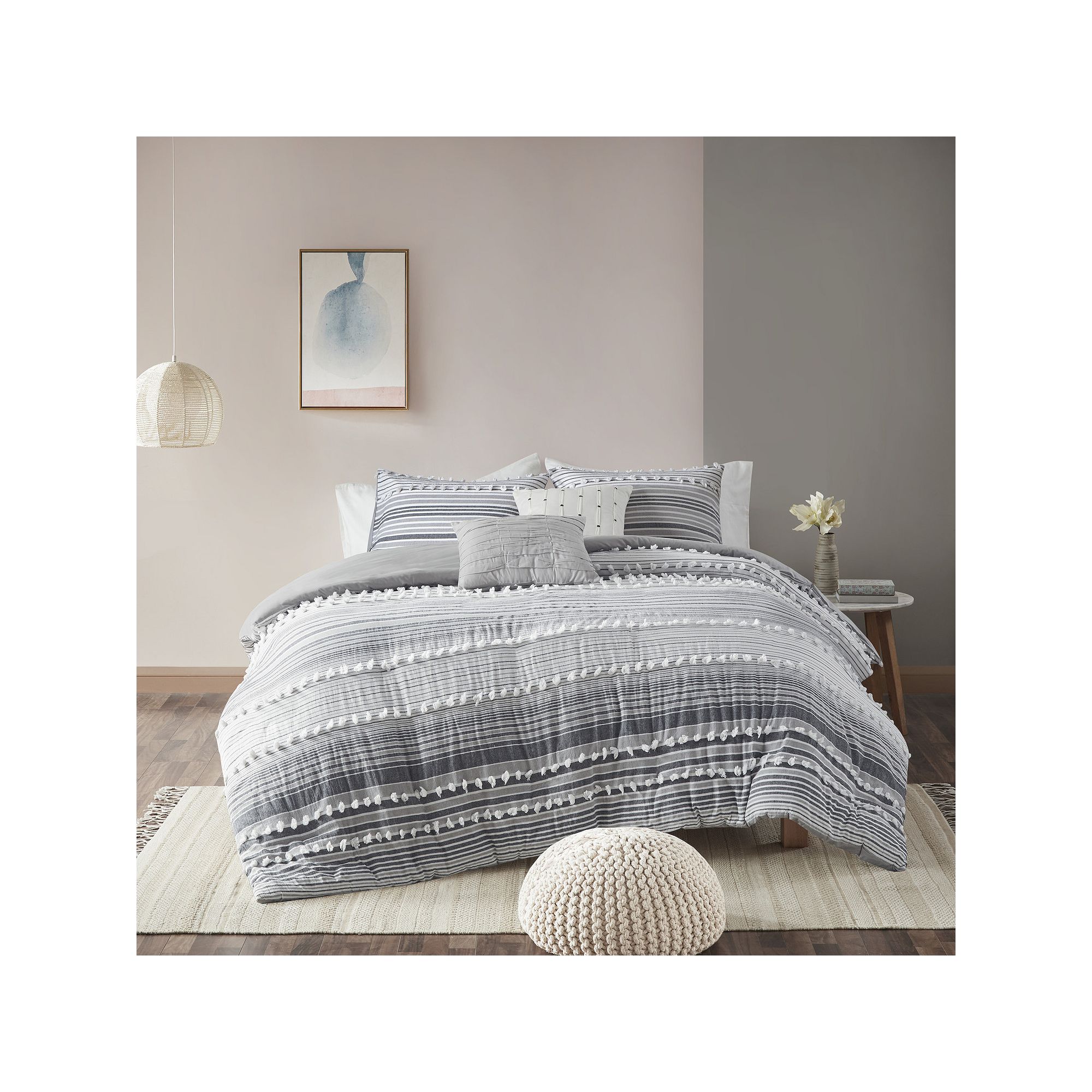 Intelligent Design Charlie Cotton Duvet Cover Set with Throw Pillows, Gray
