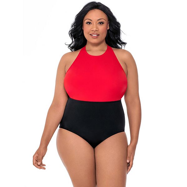 Plus Size Beach Colorblock High Neck One-Piece Swimsuit