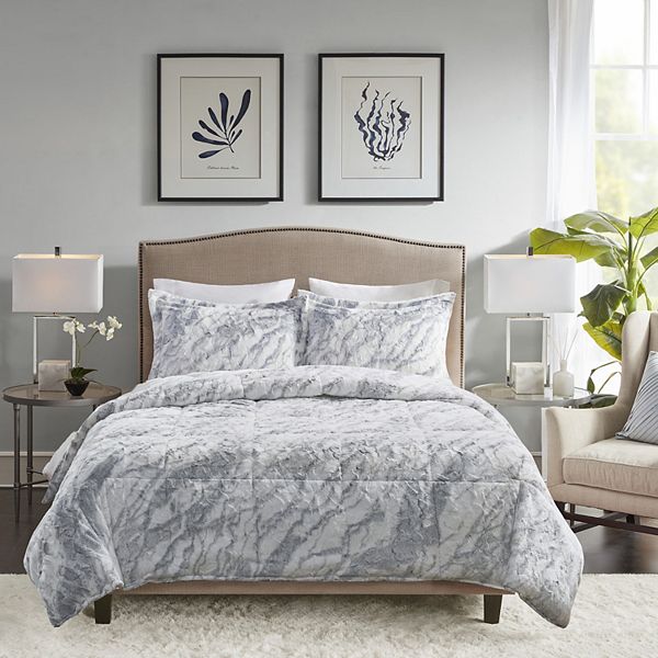 Madison Park Lana Marble Faux Fur Comforter Set