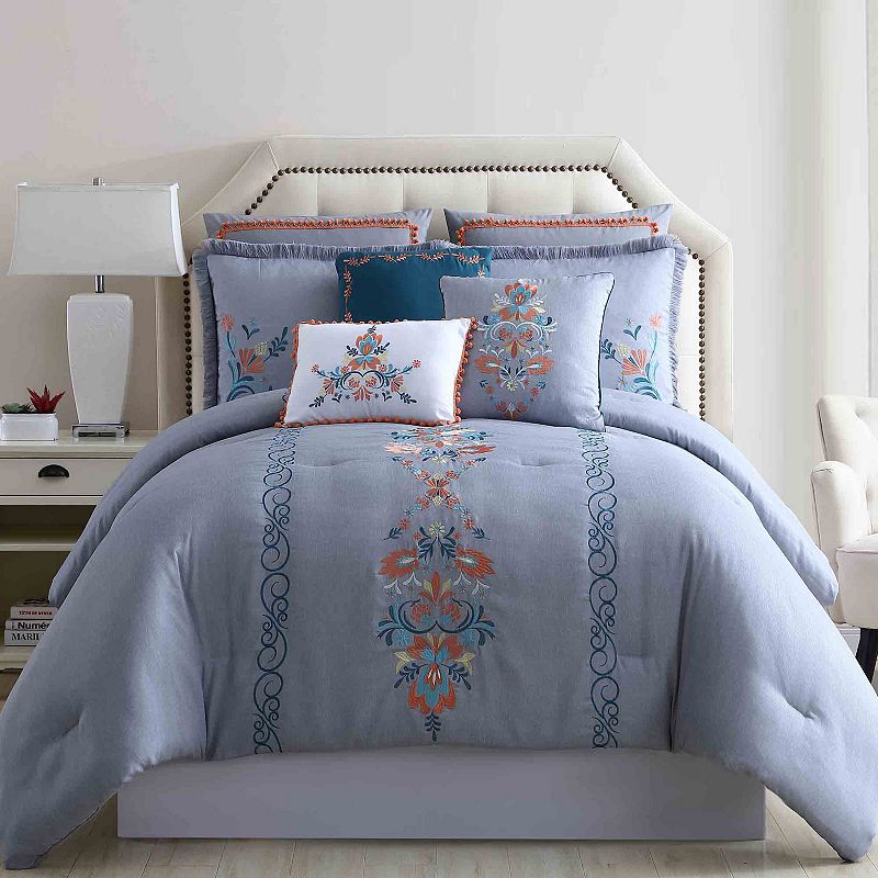 Pacific Coast Textiles 8-Piece Embellished Comforter Set - Frida, Grey, Que