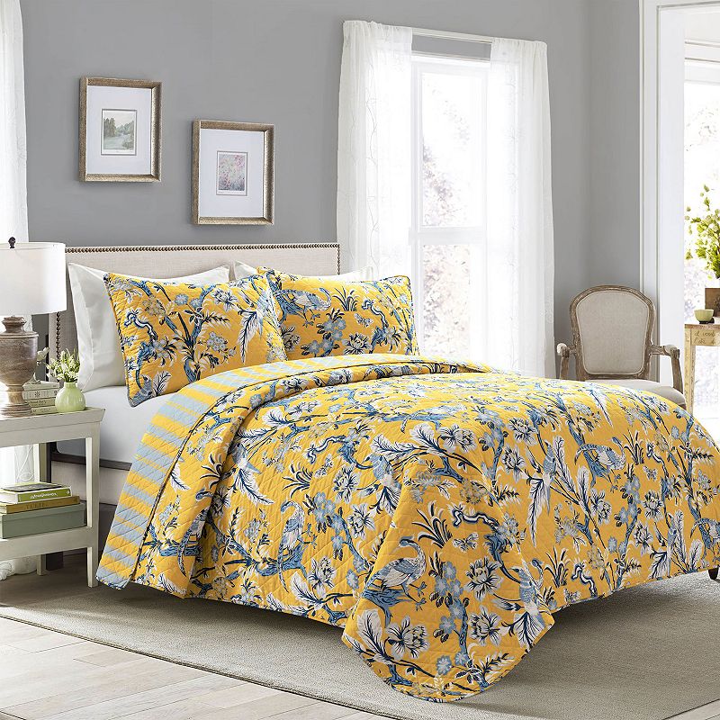 King 3pc Dolores Comforter Set Yellow/Blue - Lush Décor: Reversible Quilt & Shams, Botanical Pattern