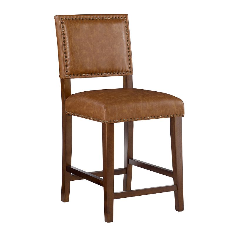 24" Brook Padded Back Faux Leather Nailhead Counter Height Barstool Caramel - Linon: Cherry-Stained Legs, Footrails