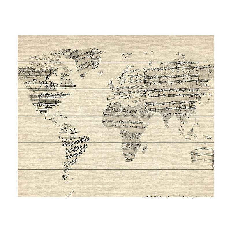 Trademark Fine Art Michael Tompsett Old Sheet Music World Map Wood Slat A