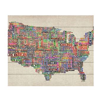 Trademark Fine Art Michael Tompsett 'US Cities Text Map VI' Wood Slat Art