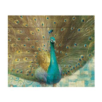 Trademark Fine Art Teal Peacock Wood Slat Wall Art
