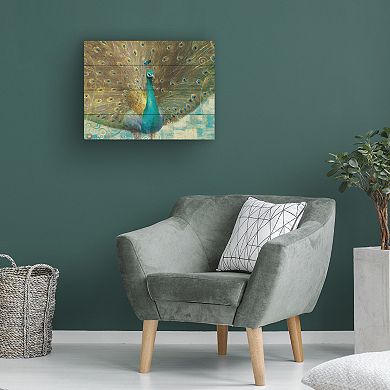 Trademark Fine Art Teal Peacock Wood Slat Wall Art
