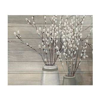 Trademark Fine Art Pussy Willow Still Life Gray Pots Crop Wood Slat Wall Art