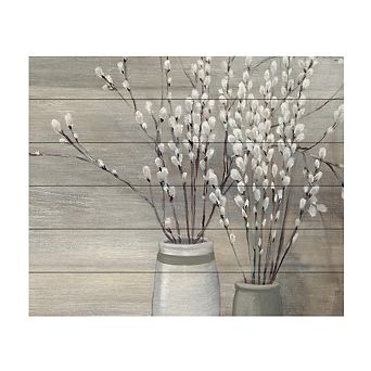 Trademark Fine Art Pussy Willow Still Life Gray Pots Crop Wood Slat Wall Art