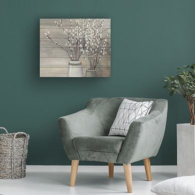 Trademark Fine Art Pussy Willow Still Life Gray Pots Crop Wood Slat Wall Art