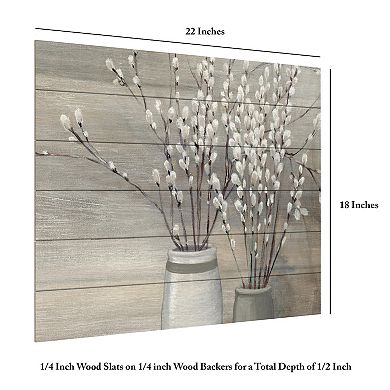 Trademark Fine Art Pussy Willow Still Life Gray Pots Crop Wood Slat Wall Art