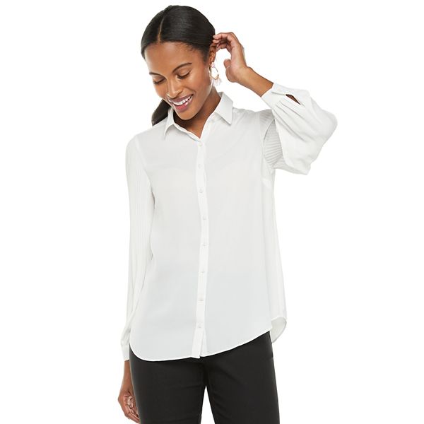 Women's ELLE™ Pleated Sleeve Button-Down Blouse