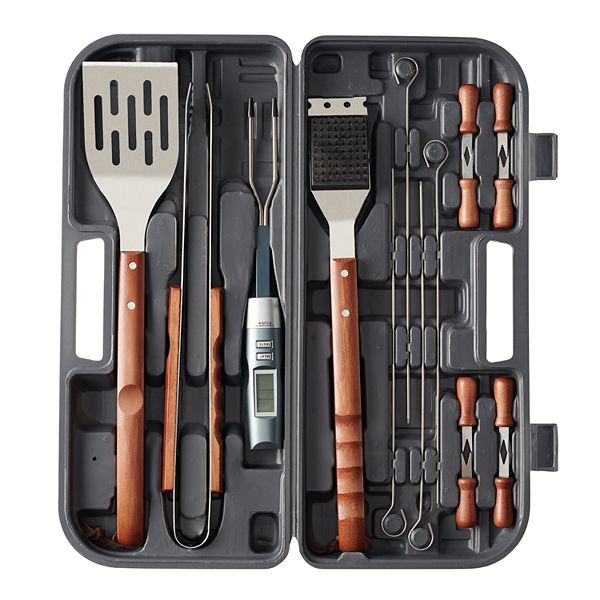 Portable Case New Stainless Steel Wood Handle 17 Piece BBQ Grilling Tool Set 
