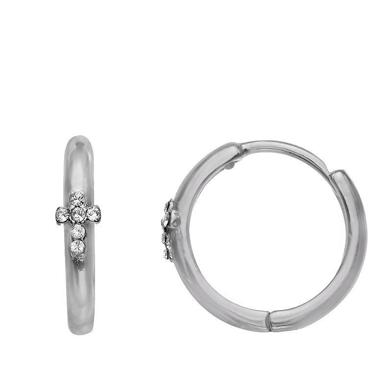 Fao Schwarz Sterling Silver Cross Hoop Earrings with Swarovski Crystal, Gir