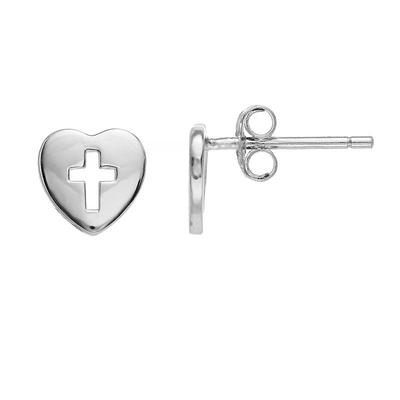 Fao Schwarz Sterling Silver Heart Cutout Cross Stud Earrings, Girls