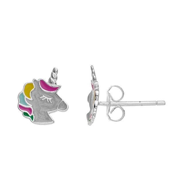 Fao Schwarz Sterling Silver Enamel Unicorn Stud Earrings