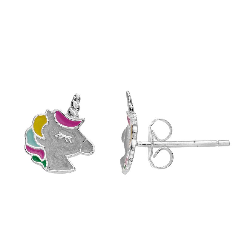 Fao Schwarz Sterling Silver Enamel Unicorn Stud Earrings, Girls