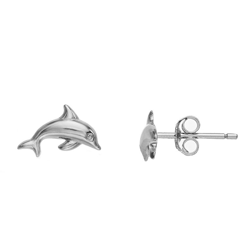 Fao Schwarz Sterling Silver Dolphin Stud Earrings with Swarovski Crystals, 
